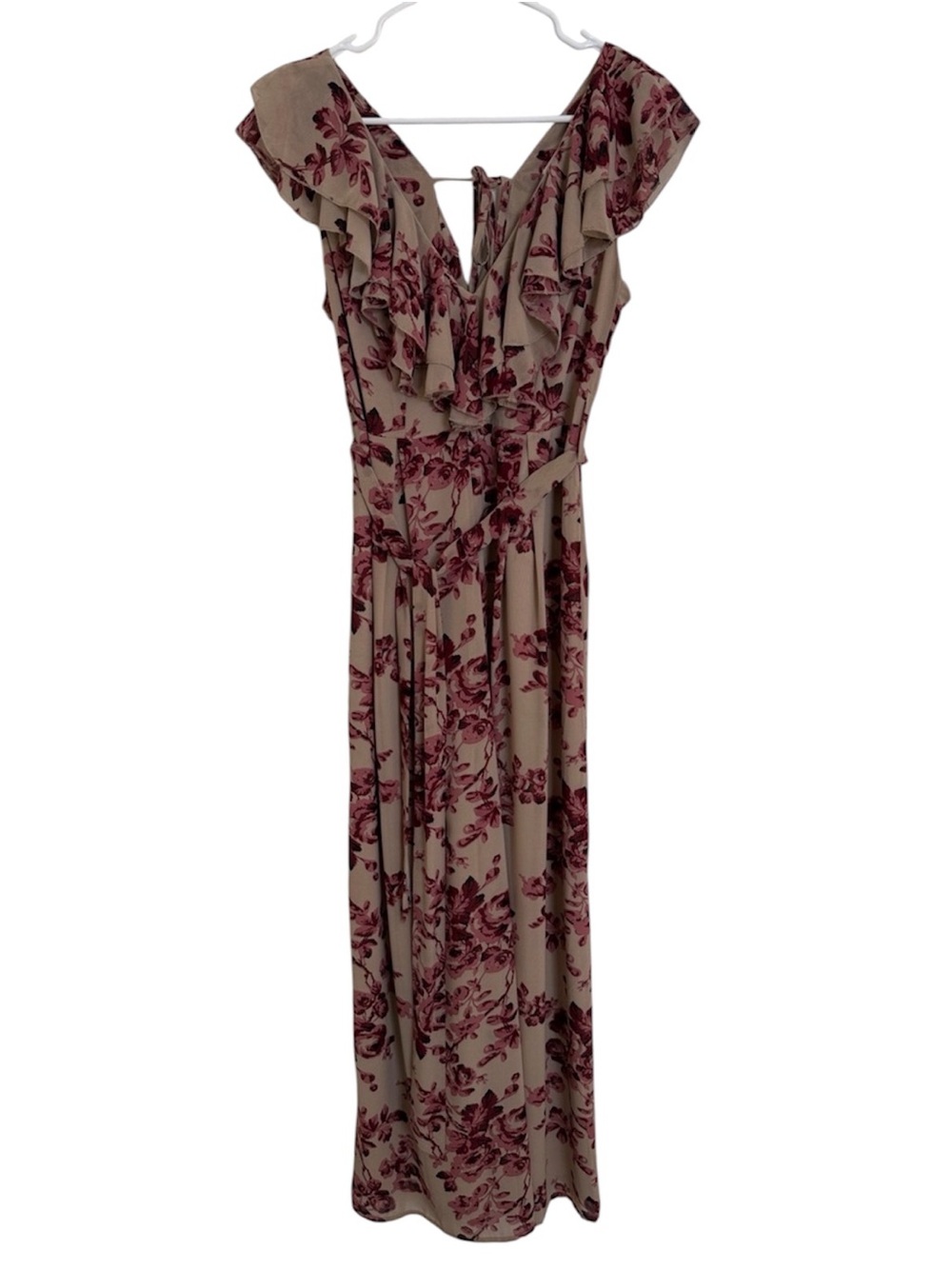 Floral Ruffle V-Neck Maxi Jumpsuit in Taupe and Burgundy Size S